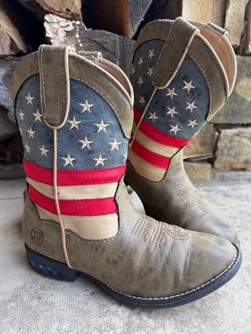Roper light up heel patriotic Kids Brown Cowboy western Boots Sz-1.  W